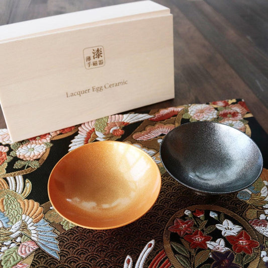 [丸モ高木陶器] 日本製 漆薄手磁器 平盃 清酒杯2入禮盒裝