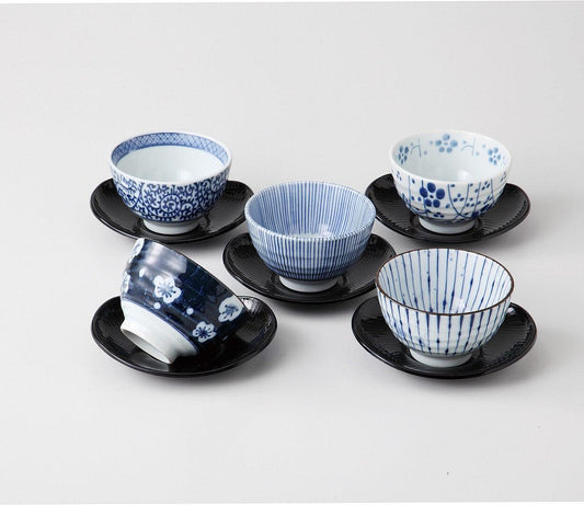 日本製靛藍染色煎茶杯連杯托5入禮盒