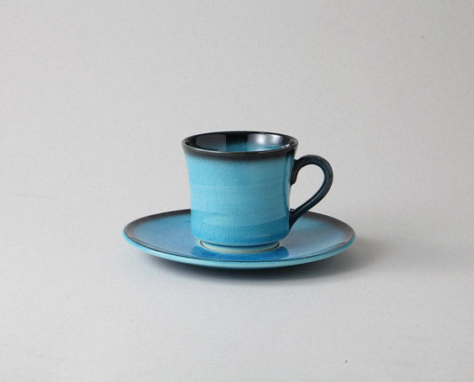 日本製美濃燒 明亮漸變藍色咖啡杯碟