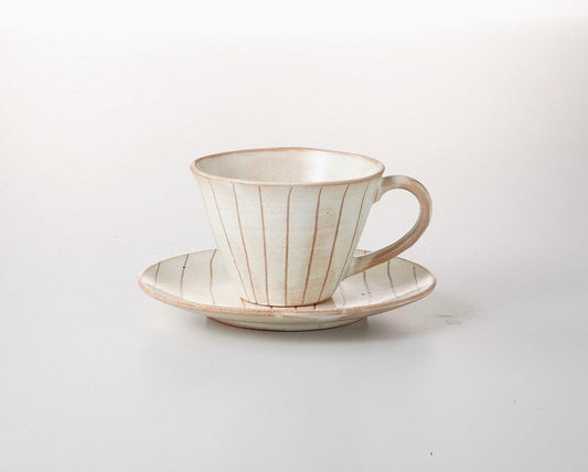 日本製美濃燒 粉漆條紋燒咖啡杯碟